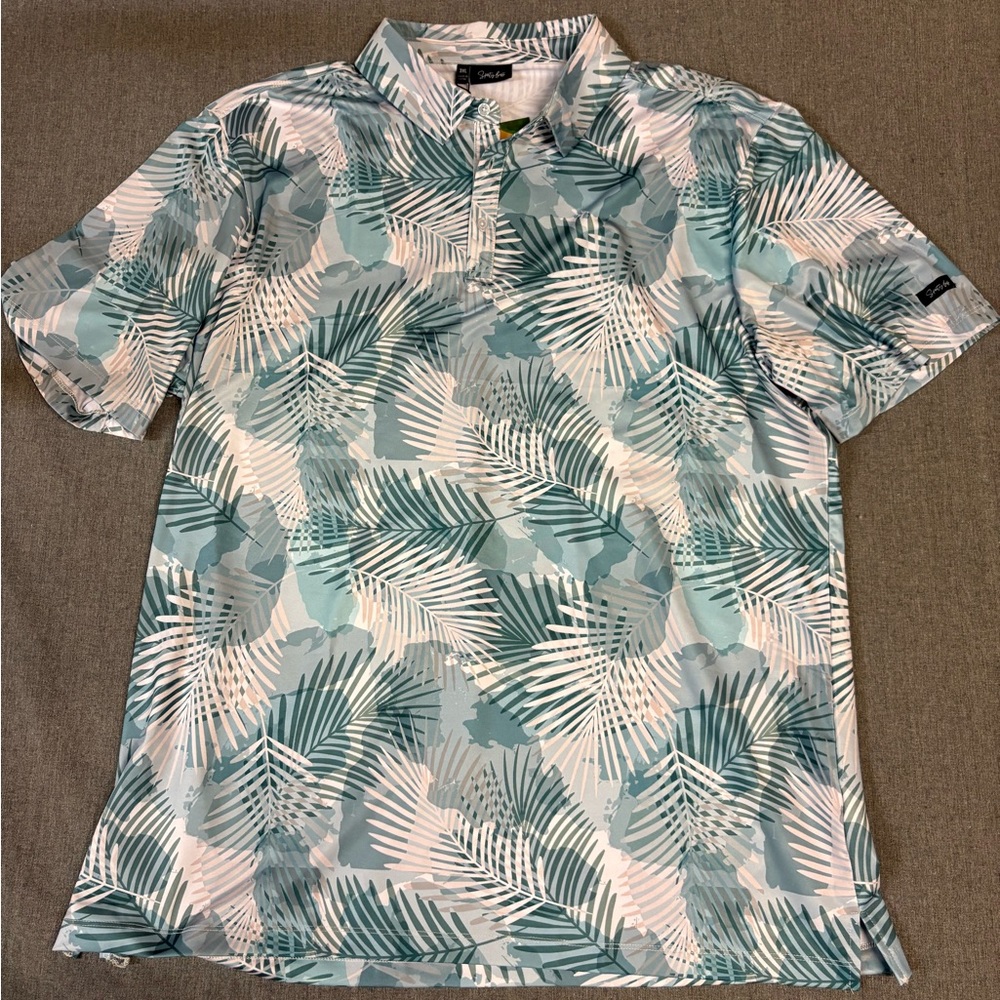 Sporty Buff Light Teal & White Palm-Print Short Sleeve Polo